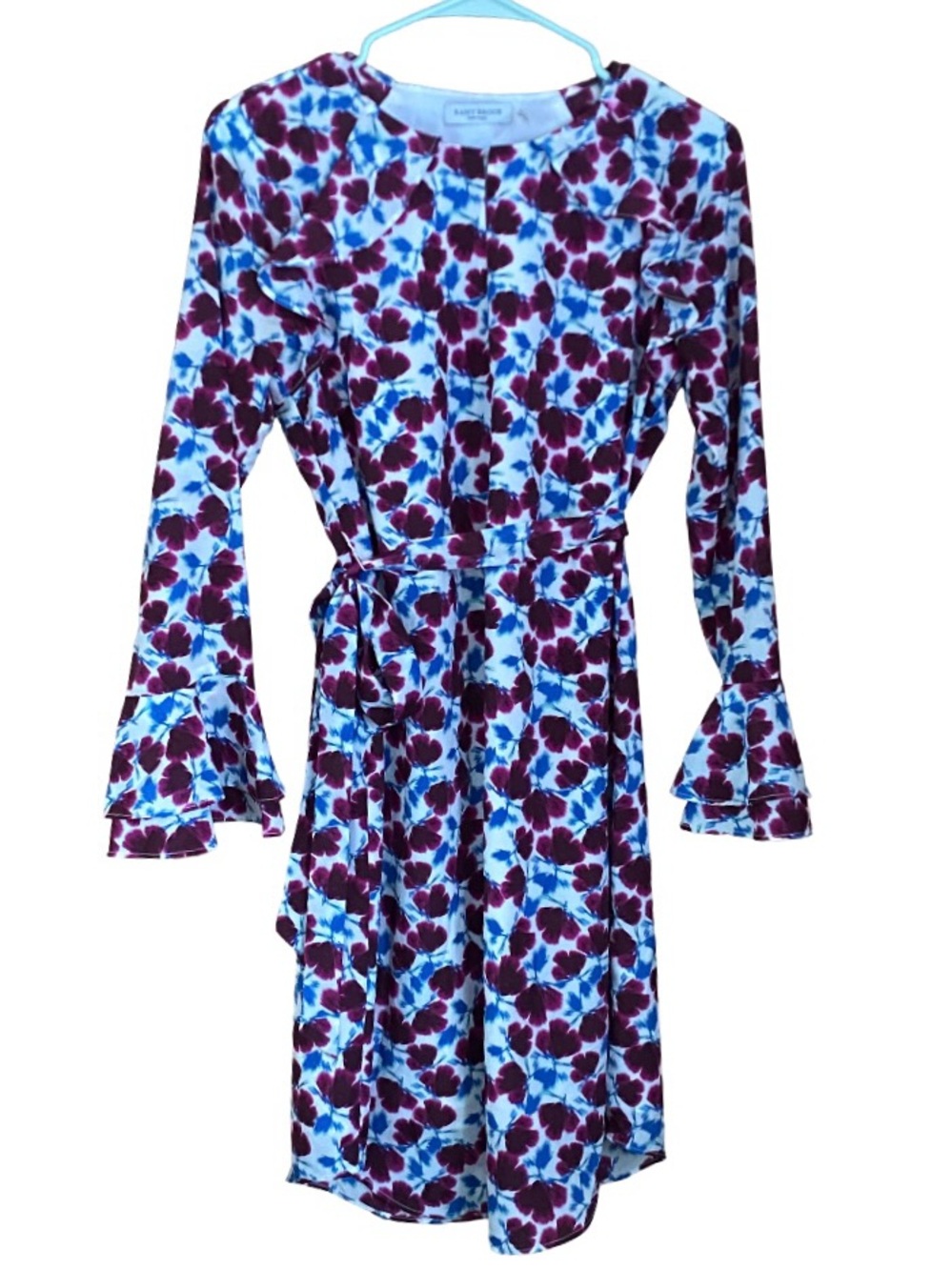Ramy Brook floral purple and blue ruffle bell sleeve tie waist dress size small